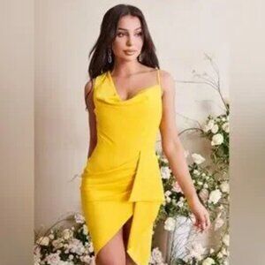 Lavish Alice Emma‎ Cowl Neck Mini Wrap Formal Cocktail Dress in Yellow NWT Sz 14